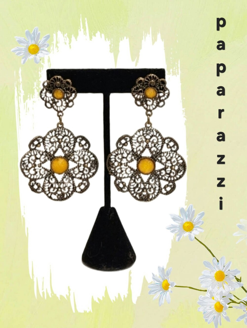 Paparazzi Floral Filigree Mandala Earrings In Bronze Tone & Yellow Cabochons